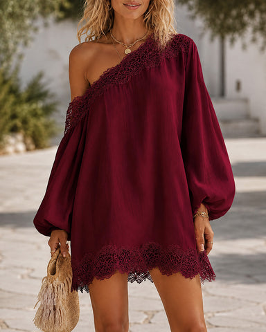 Off-Shoulder Lace Trim Chiffon Lantern Sleeve Dress