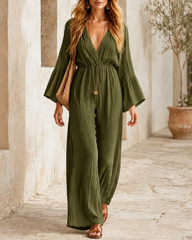 Relaxed V-Neck Wide Leg Jumpsuit