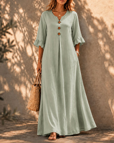 Casual Loose Cotton Linen Ruffled Sleeves Long Dress