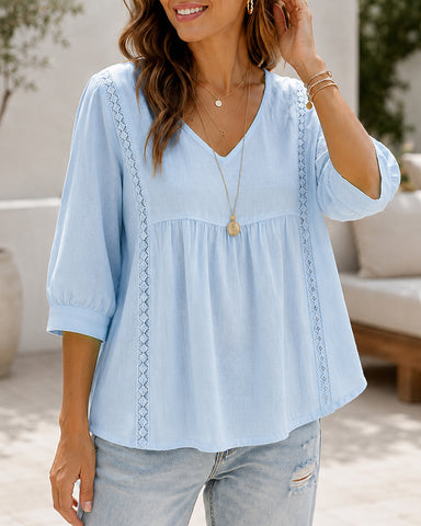 Casual Loose V Neck Cotton Linen Puff Sleeve Top