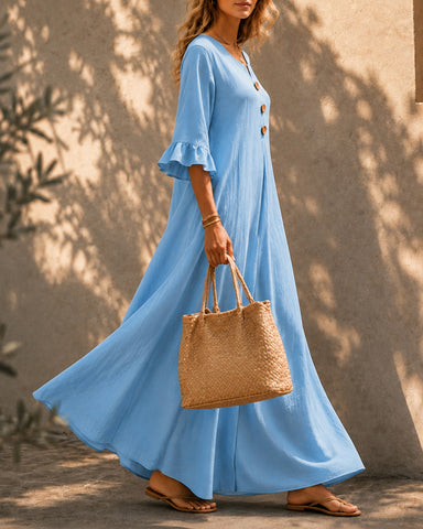 Casual Loose Cotton Linen Ruffled Sleeves Long Dress