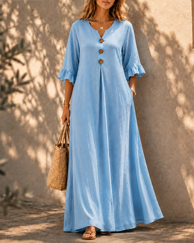 Casual Loose Cotton Linen Ruffled Sleeves Long Dress