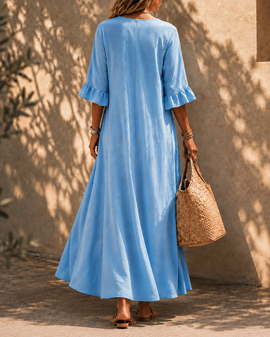 Casual Loose Cotton Linen Ruffled Sleeves Long Dress