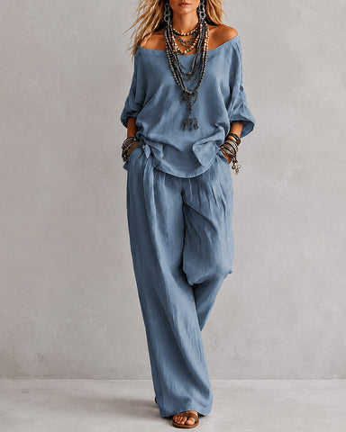 Casual Loose Linen Off-Shoulder Wide-Leg Set