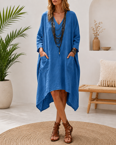 Deep V Cotton Linen Irregular Casual Loose Dress