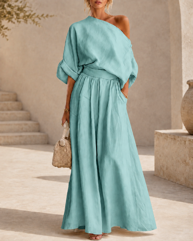 Elegant Cotton Linen Off-Shoulder Top and Wide-Leg Pants Set
