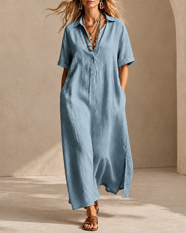 Casual Loose Cotton Linen Collared Short Sleeve Long Dress