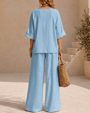 Casual Linen V-Neck Wide Leg Two-Piece Set
