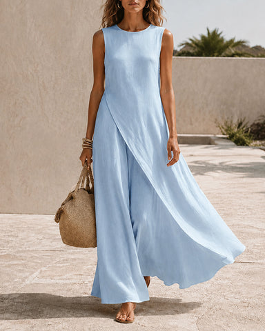 Casual Sleeveless Asymmetrical Hem Cotton Linen Long Dress