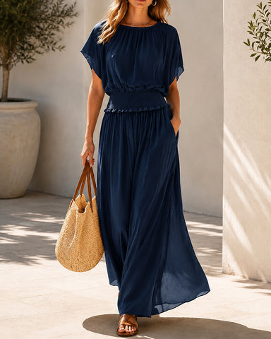 Flowy Chiffon Short Sleeve Boho Long Dress