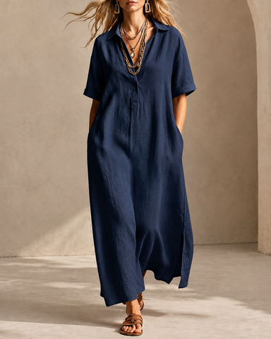 Casual Loose Cotton Linen Collared Short Sleeve Long Dress