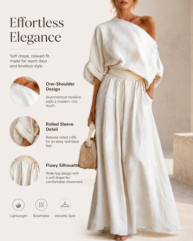 Elegant Cotton Linen Off-Shoulder Top and Wide-Leg Pants Set