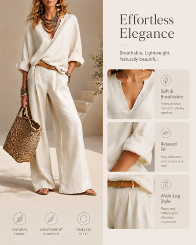 Casual Linen V-Neck Wide Leg Two-Piece Set