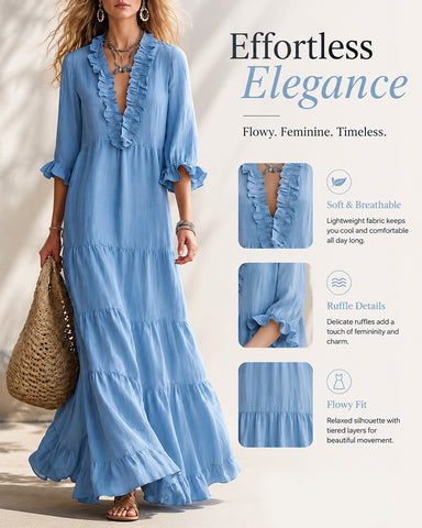 Bohemian Deep V Ruffle Casual Cotton Linen Long Dress