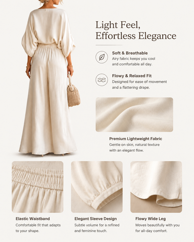 Elegant Cotton Linen Off-Shoulder Top and Wide-Leg Pants Set