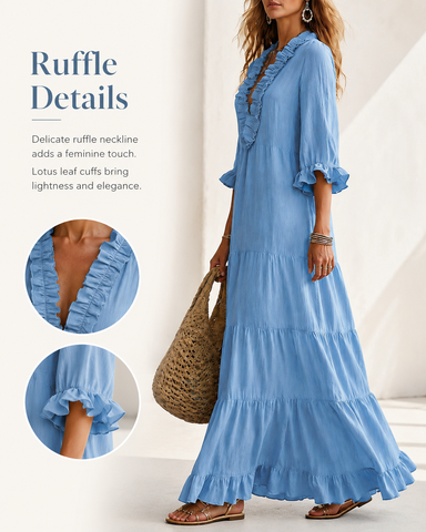 Bohemian Deep V Ruffle Casual Cotton Linen Long Dress