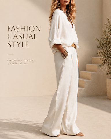 Casual Linen V-Neck Wide Leg Two-Piece Set