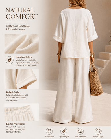 Casual Linen V-Neck Wide Leg Two-Piece Set