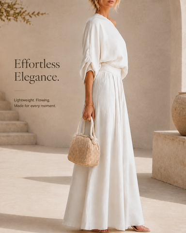 Elegant Cotton Linen Off-Shoulder Top and Wide-Leg Pants Set
