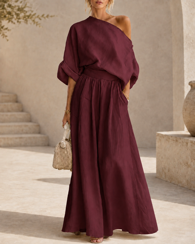 Elegant Cotton Linen Off-Shoulder Top and Wide-Leg Pants Set