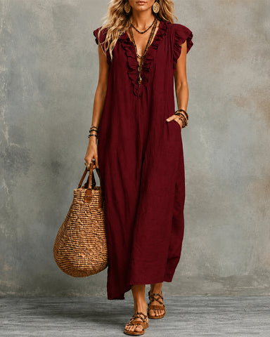 Cotton Linen V-Neck Maxi Dress