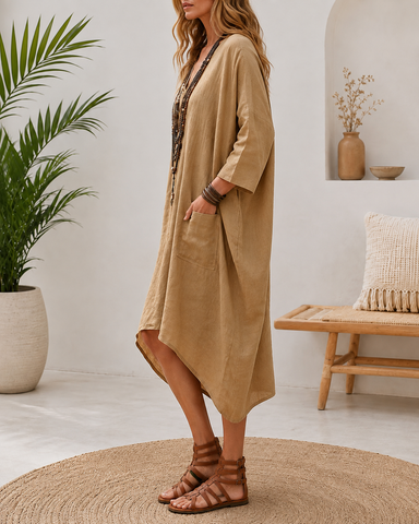 Deep V Cotton Linen Irregular Casual Loose Dress