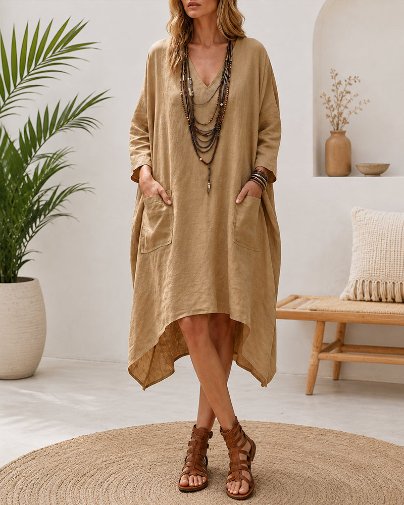 Deep V Cotton Linen Irregular Casual Loose Dress