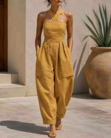 Cotton Linen Slim Fit Cross Neck Sleeveless Jumpsuit