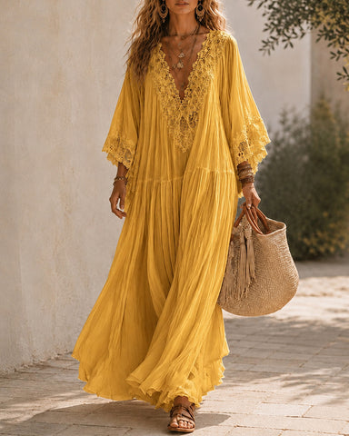 Deep V Lace Chiffon Batwing Sleeve Long Dress
