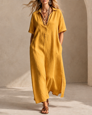 Casual Loose Cotton Linen Collared Short Sleeve Long Dress