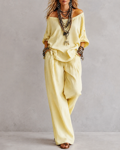 Casual Loose Linen Off-Shoulder Wide-Leg Set
