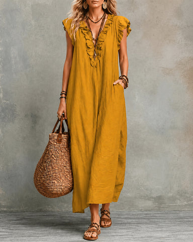 Cotton Linen V-Neck Maxi Dress