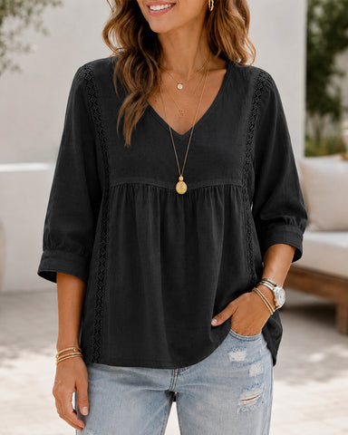 Casual Loose V Neck Cotton Linen Puff Sleeve Top
