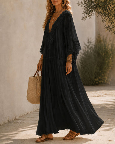 Deep V Lace Chiffon Batwing Sleeve Long Dress