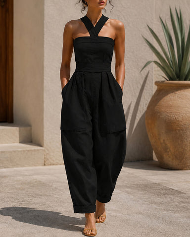 Cotton Linen Slim Fit Cross Neck Sleeveless Jumpsuit