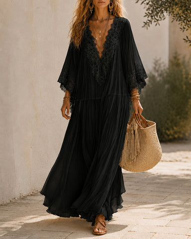 Deep V Lace Chiffon Batwing Sleeve Long Dress
