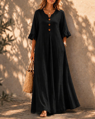 Casual Loose Cotton Linen Ruffled Sleeves Long Dress