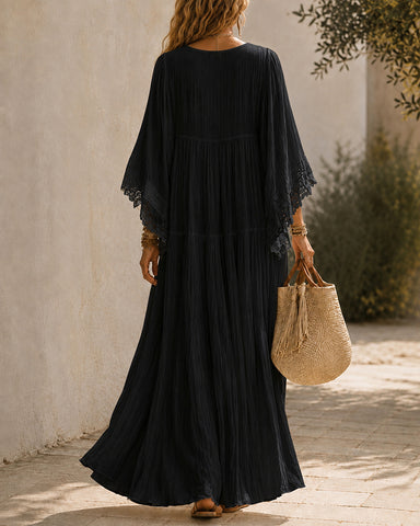 Deep V Lace Chiffon Batwing Sleeve Long Dress