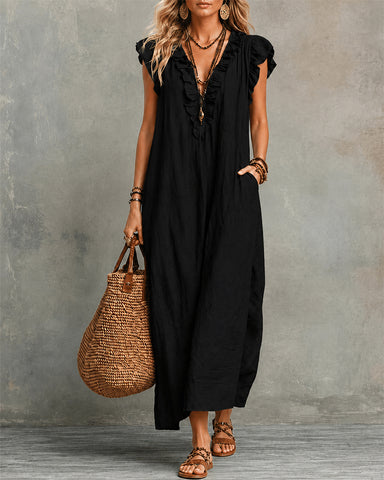 Cotton Linen V-Neck Maxi Dress
