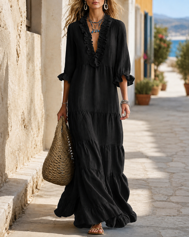 Bohemian Deep V Ruffle Casual Cotton Linen Long Dress