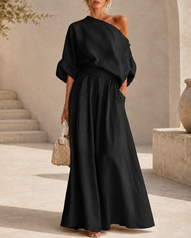 Elegant Cotton Linen Off-Shoulder Top and Wide-Leg Pants Set