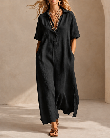 Casual Loose Cotton Linen Collared Short Sleeve Long Dress