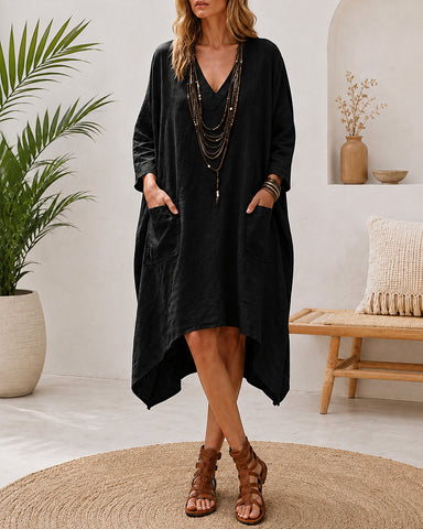 Deep V Cotton Linen Irregular Casual Loose Dress