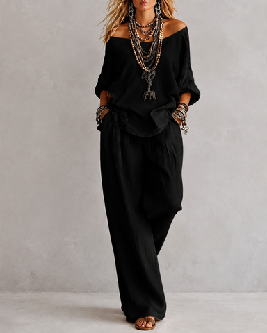 Casual Loose Linen Off-Shoulder Wide-Leg Set