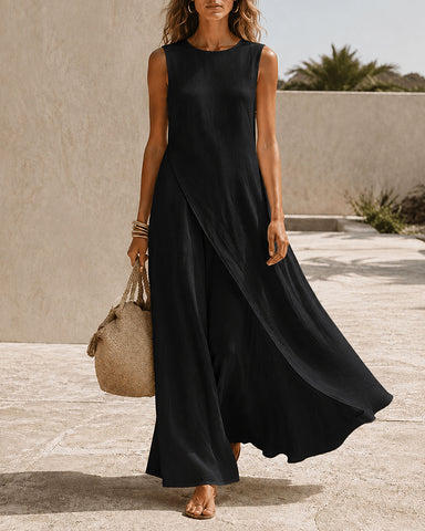 Casual Sleeveless Asymmetrical Hem Cotton Linen Long Dress