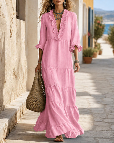 Bohemian Deep V Ruffle Casual Cotton Linen Long Dress