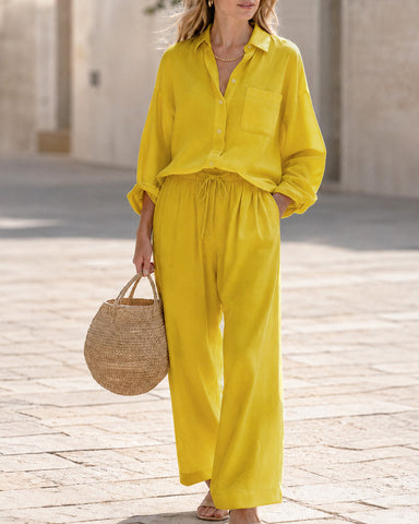 Casual Loose Cotton Linen Long Sleeve Shirt and Wide-leg Pants Set