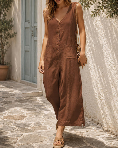 Chic Cotton Linen Deep V Jumpsuit