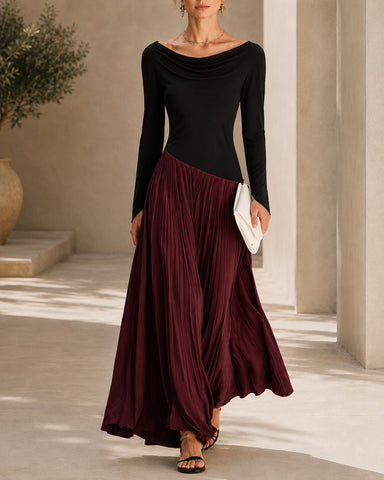 Casual Colorblock Cowlette Neckline Long Dress