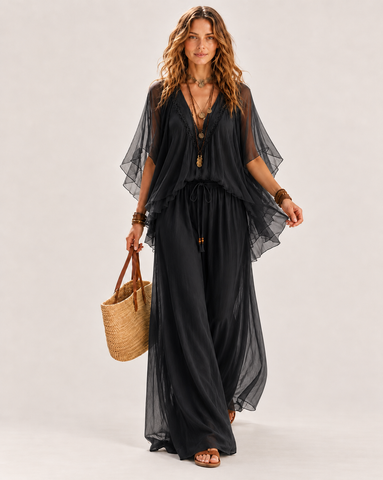 Deep V Chiffon Top and Drawstring Wide-Leg Pants
